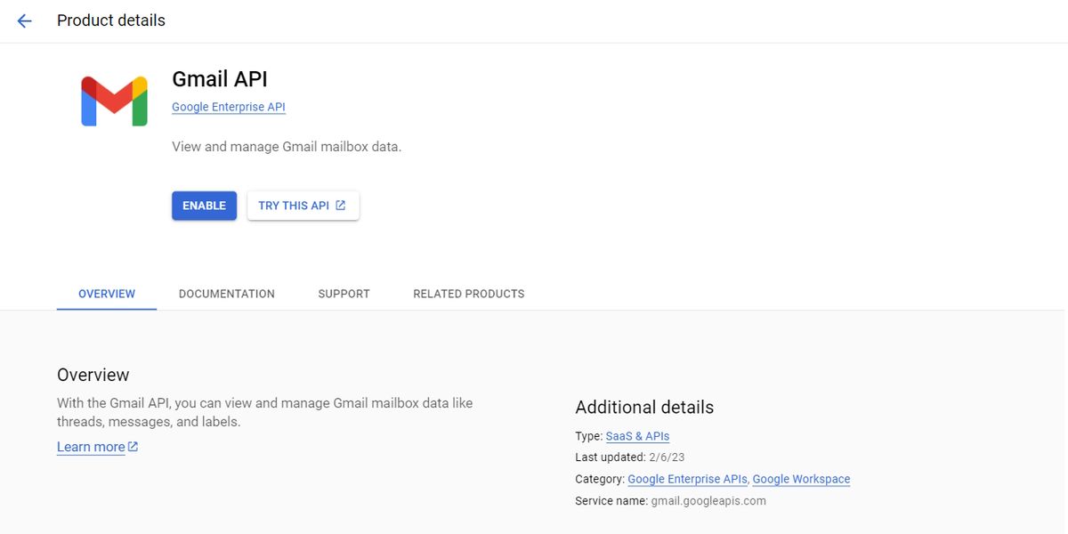 The default Gmail API screen in Google’s Admin console.