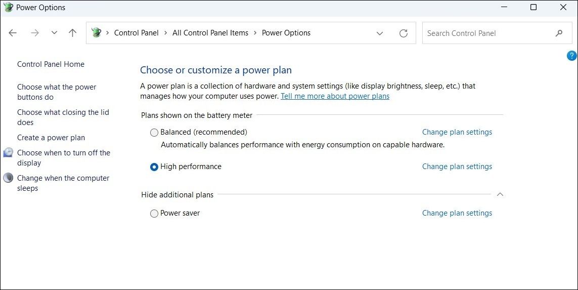 Plan de energía de alto rendimiento en Windows