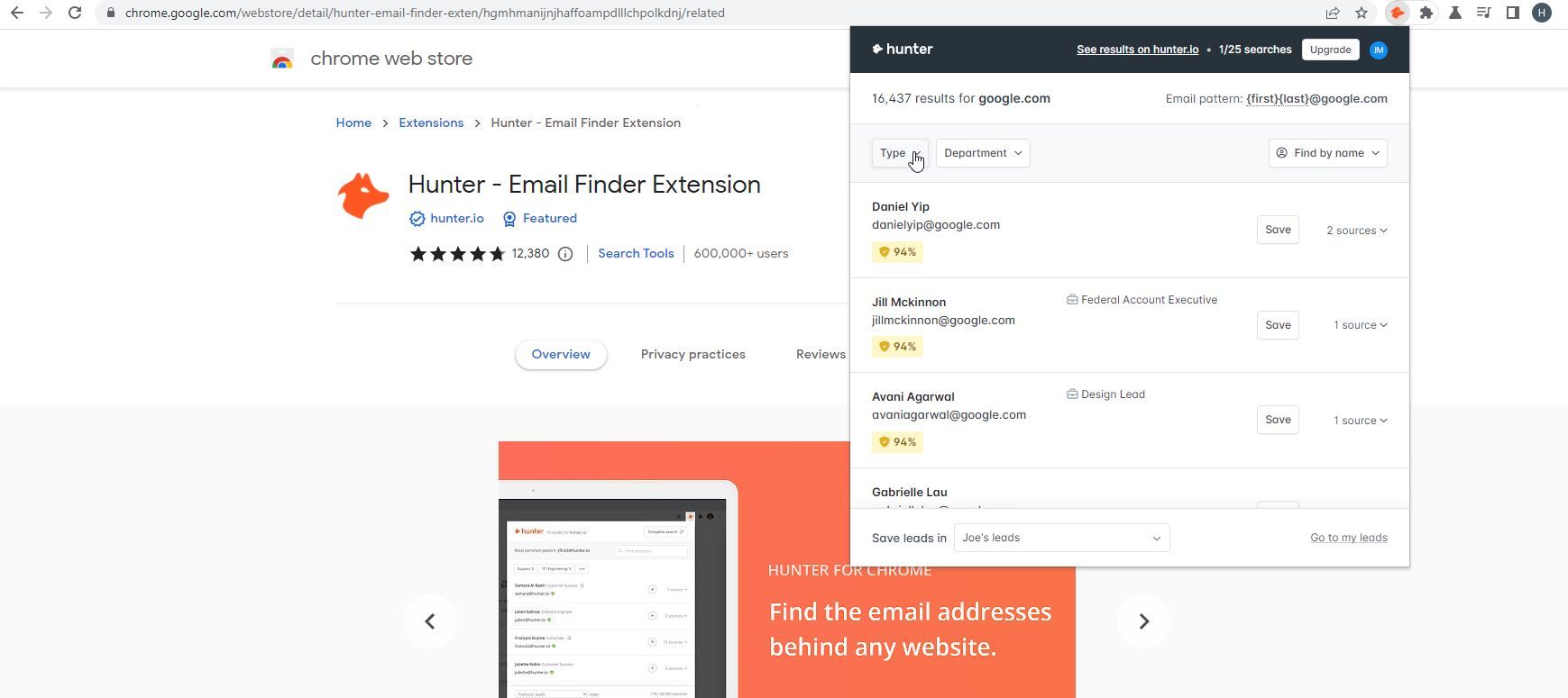 A Screenshot of the Hunter Chrome Extension 