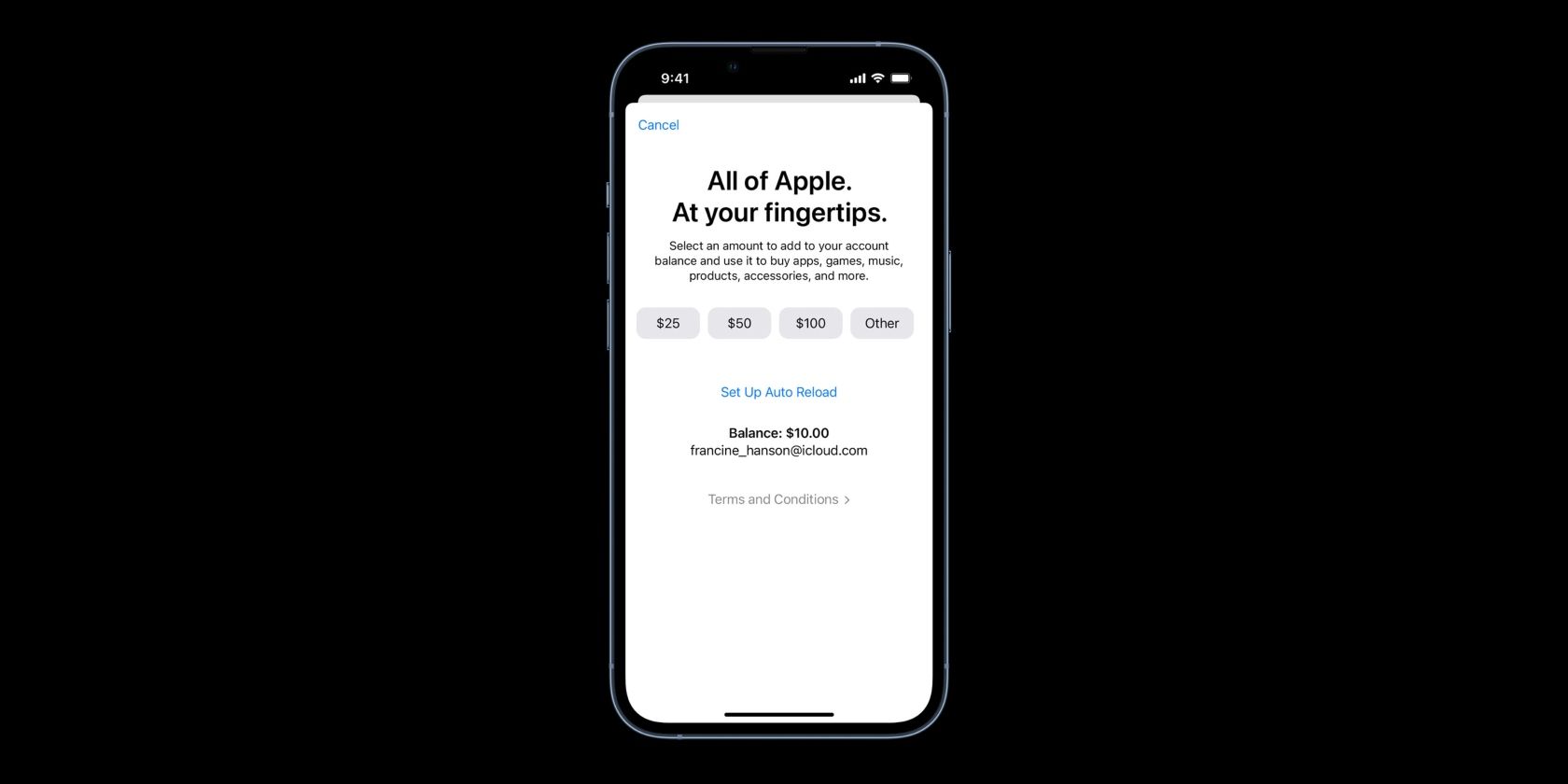 Image of Add Funds to Apple ID page on an iPhone-1