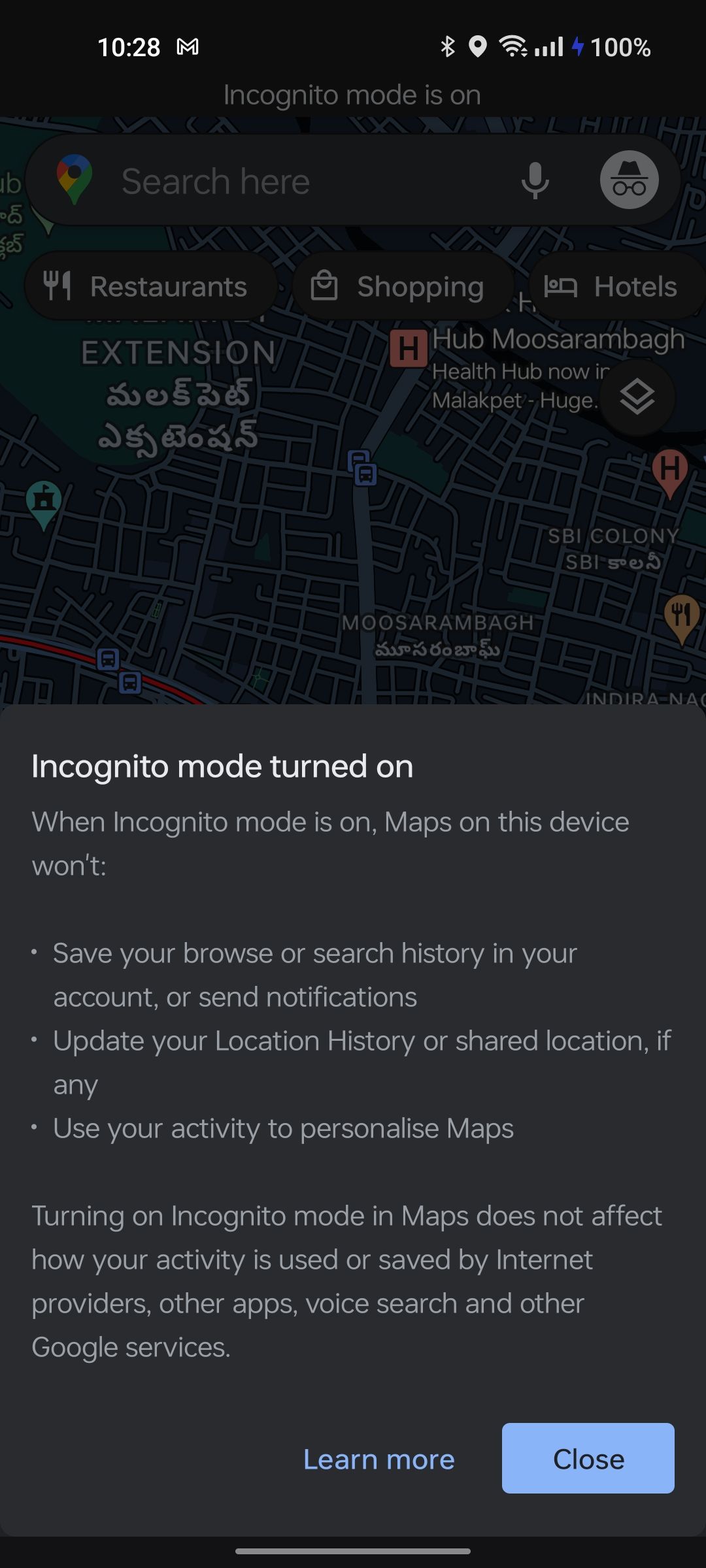 Incognito mode on Maps in action