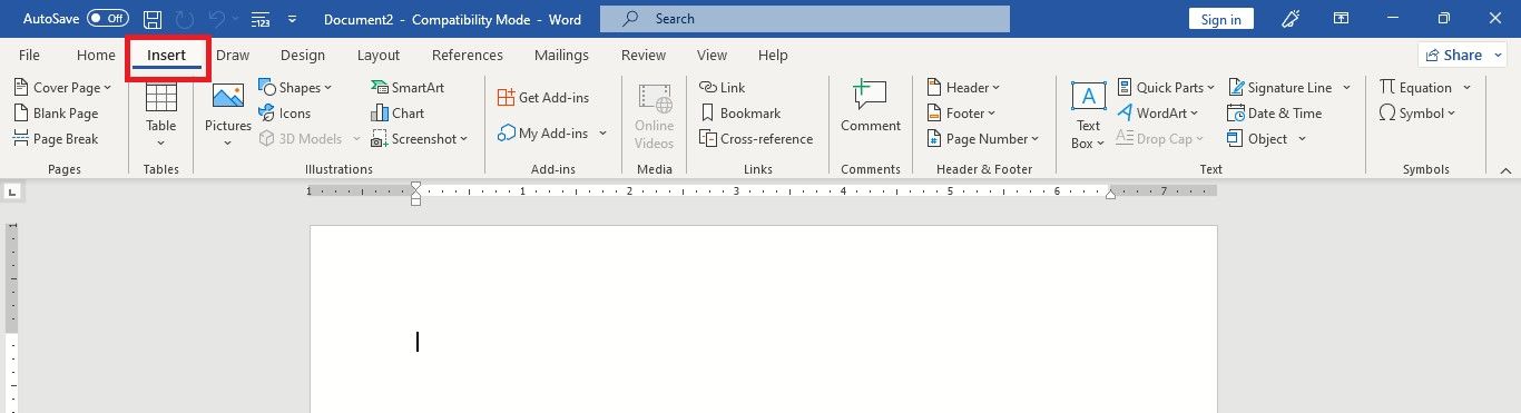 Insert Tab With its Menu on a Word Document 