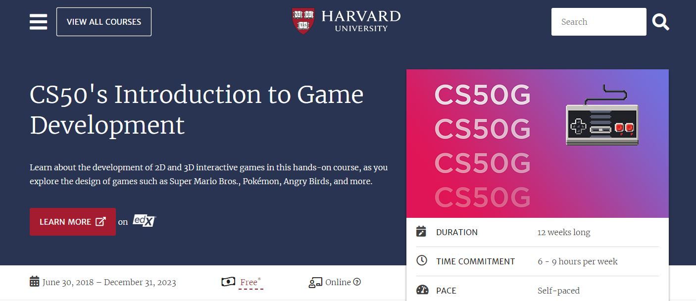 A Screenshot of Harvards Free CS50 Introduction to Game Development Course