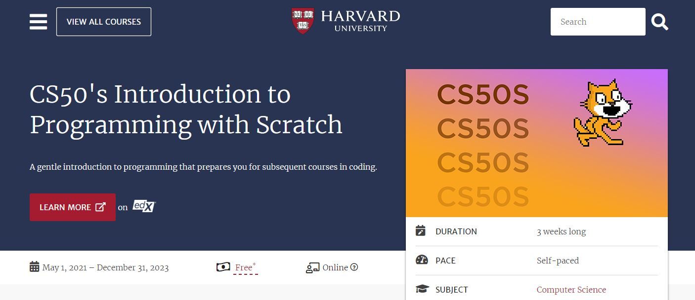 A Screenshot of Harvards Free Introduction to Programming with Scratch Course