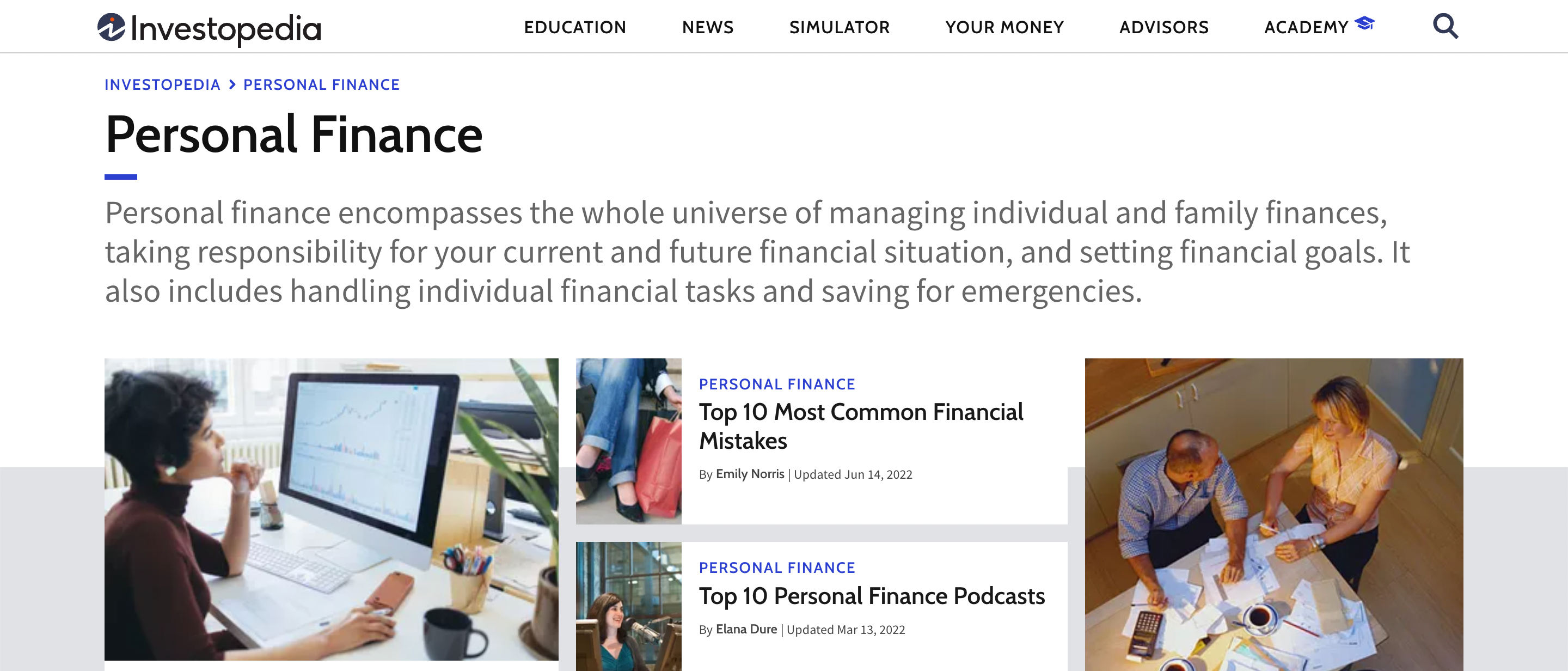 Investopedia.com personal finance section screenshot