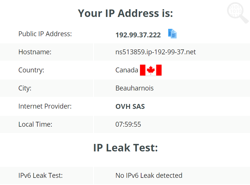 تصویری که تست نشت IP VPNBook را در سرور کانادا نشان می دهد