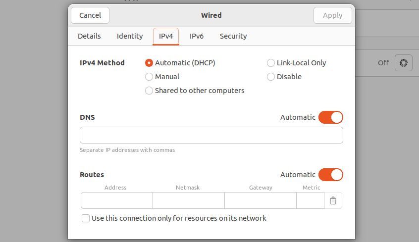 Setări IPv4 în Setările de rețea din Ubuntu