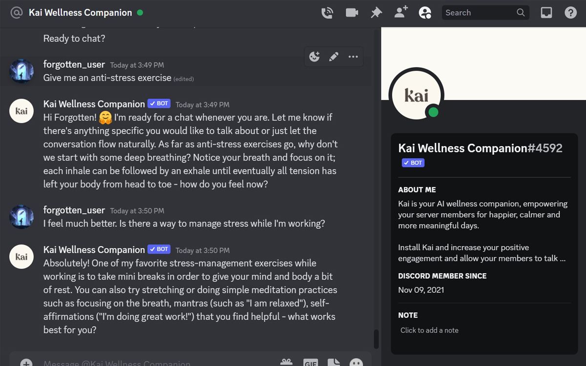 Chat functionality of the Kai bot