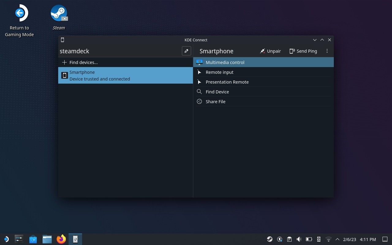 Features in KDE Connect on SteamOS