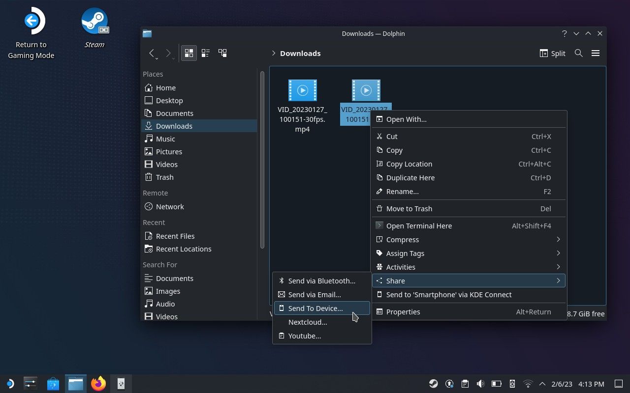 Mengirim file dari pengelola file Dolphin menggunakan KDE Connect