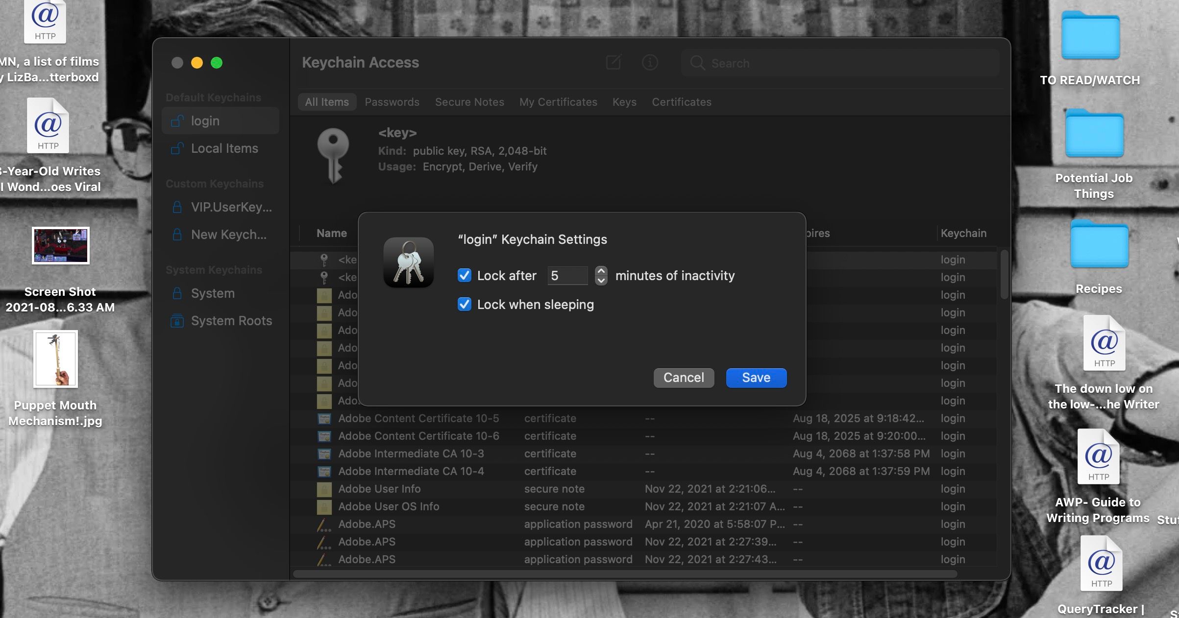 The auto-lock settings in Keychain Access on a Mac