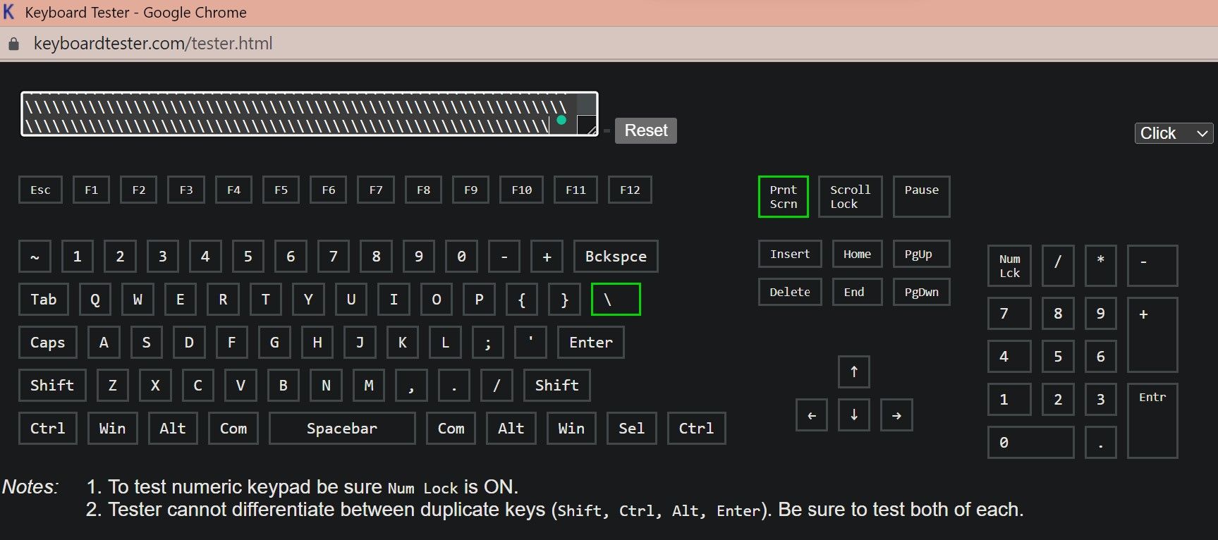 Probador de teclado que muestra una tecla presionada en un teclado