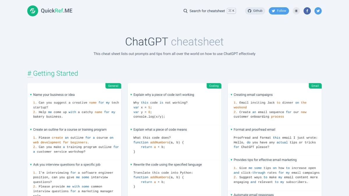 La feuille de triche ChatGPT de QuickRef fournit des exemples et des modèles gratuits d'incitations pour ChatGPT dans diverses catégories et utilisations