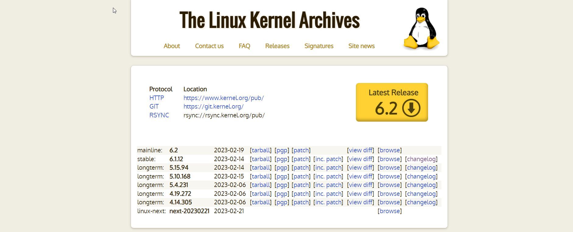 Linux kernel website showing version 6.2