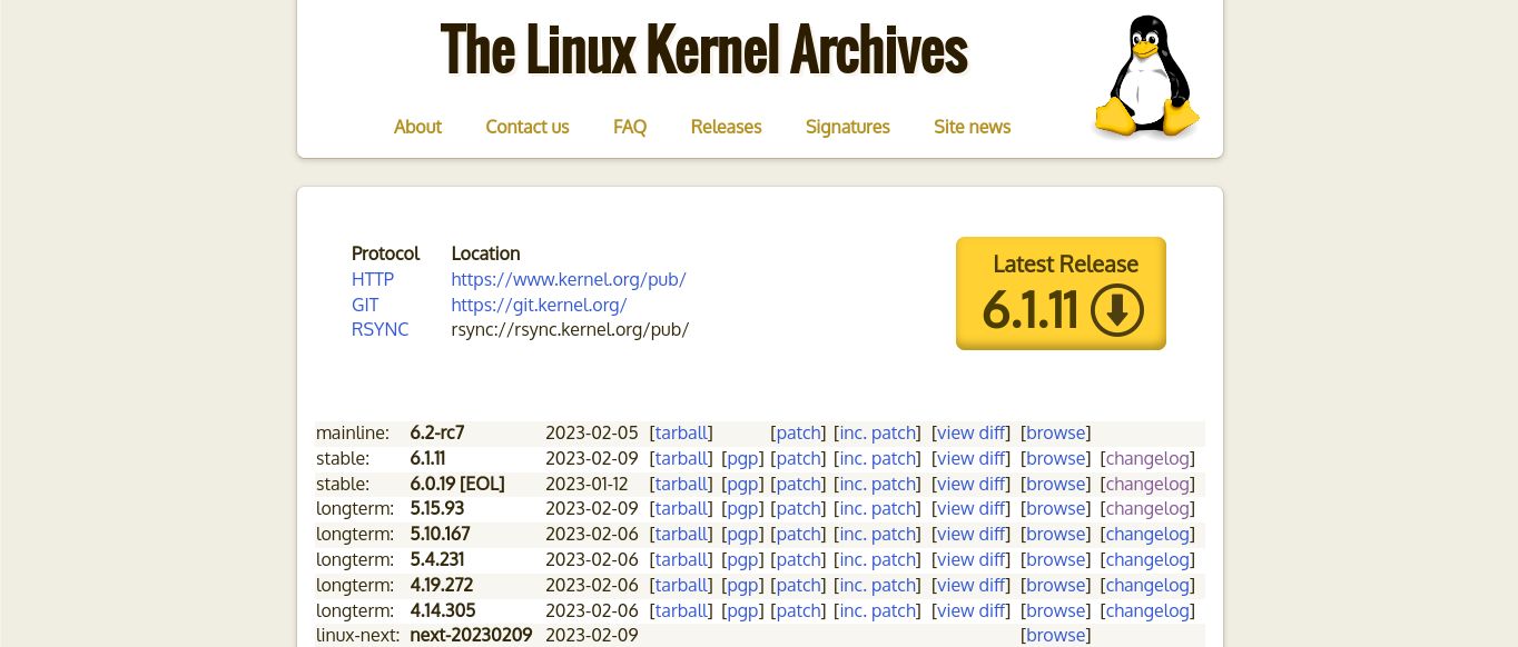 Situs web kernel Linux seperti yang terlihat pada 9 Februari 2023