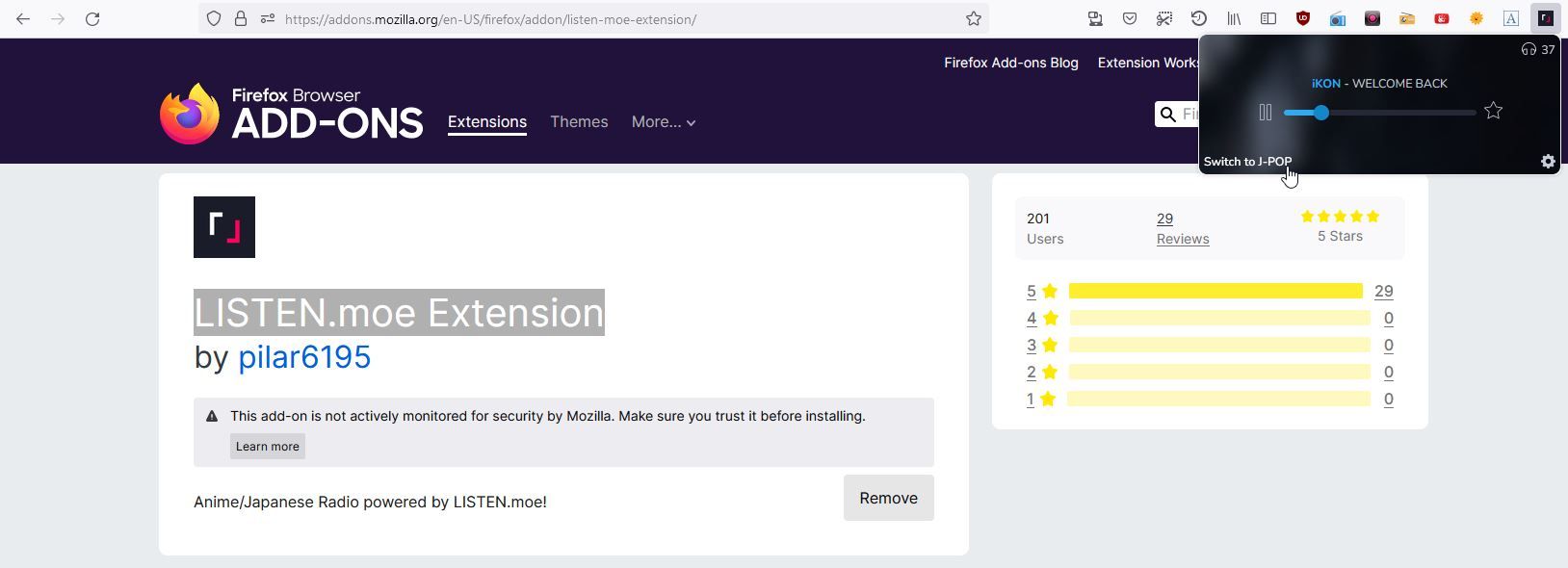 A Screenshot of the LISTEN moe Extension Firefox Add on 
