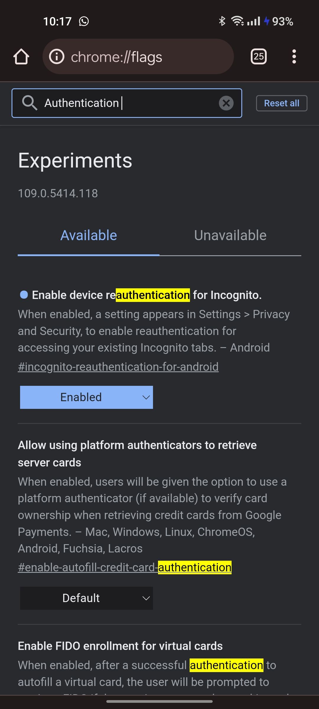 Authentication option under Chrome flags 