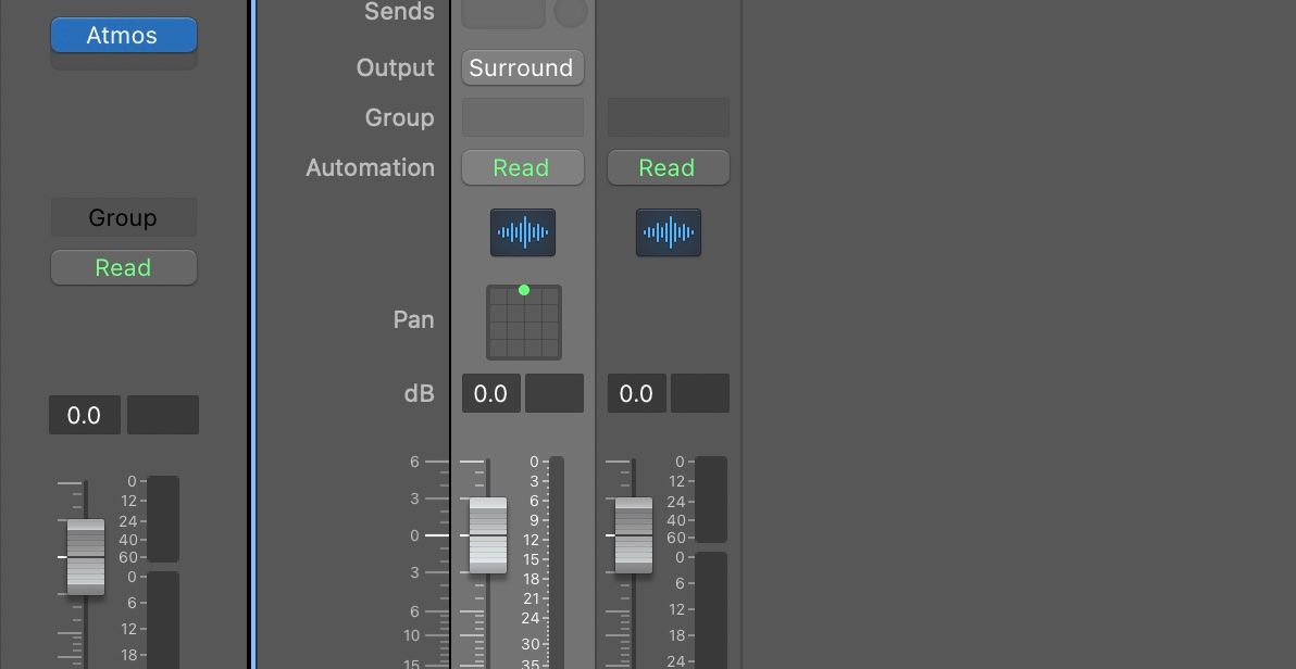 Screenshot of Logic Pro X square 3D panner icon located in the channel strip.