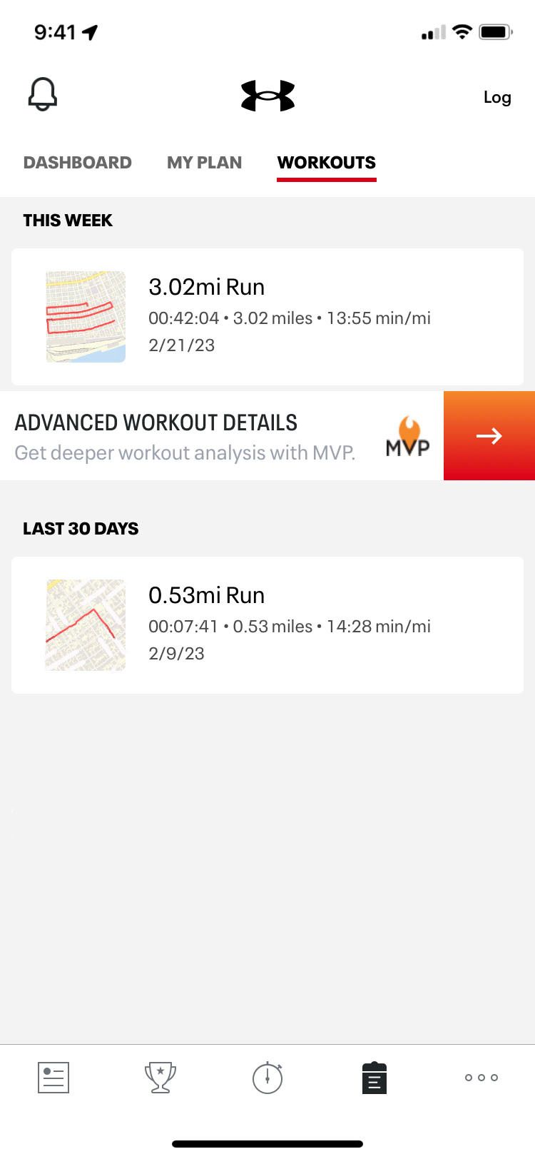 MapMyRun app past workouts screen