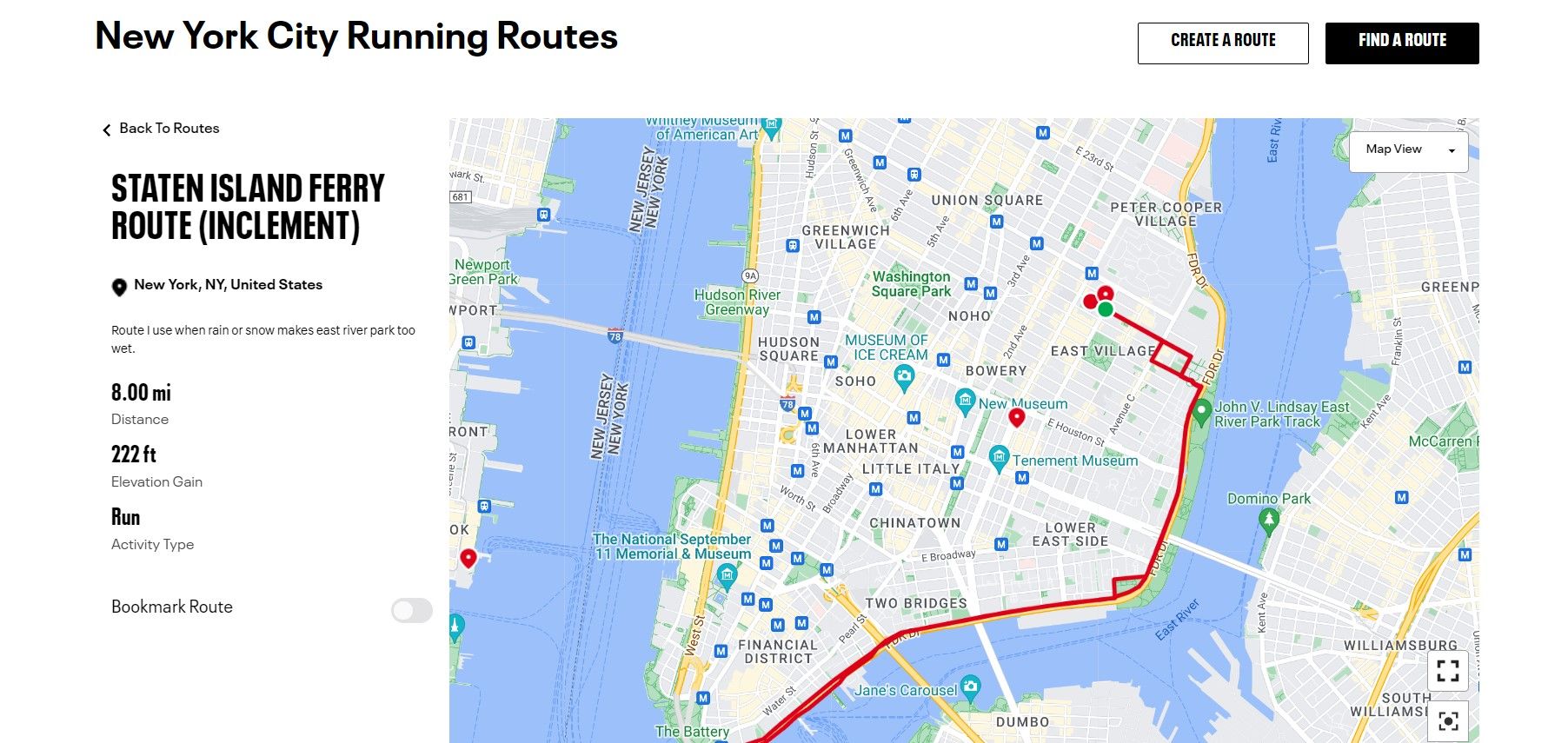 MapMyRun website NYC route