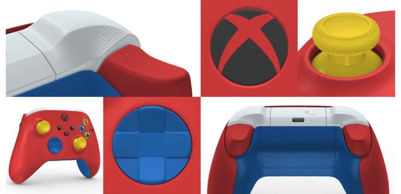 A screenshot of the Xbox Design Lab preview images for a Mario based Xbox Wireless Controller design 
