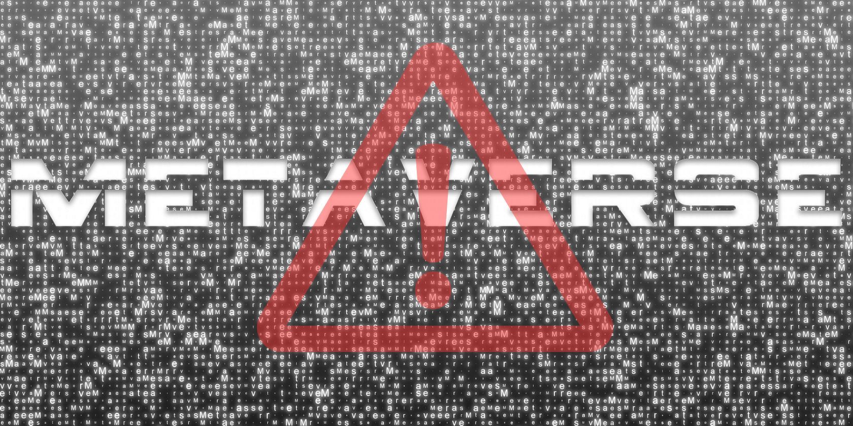 black and white metaverse graphic with red alert symbol