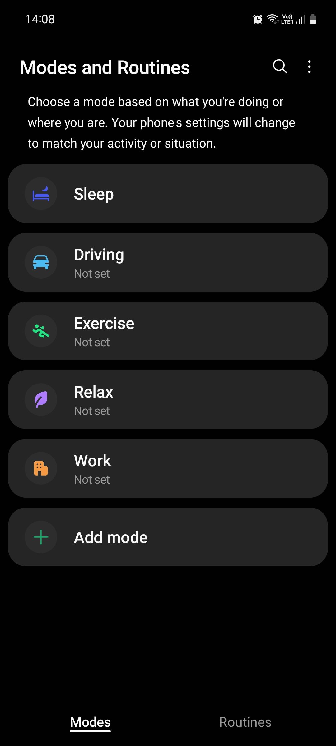 Modes tab on Samsung Modes and Routines