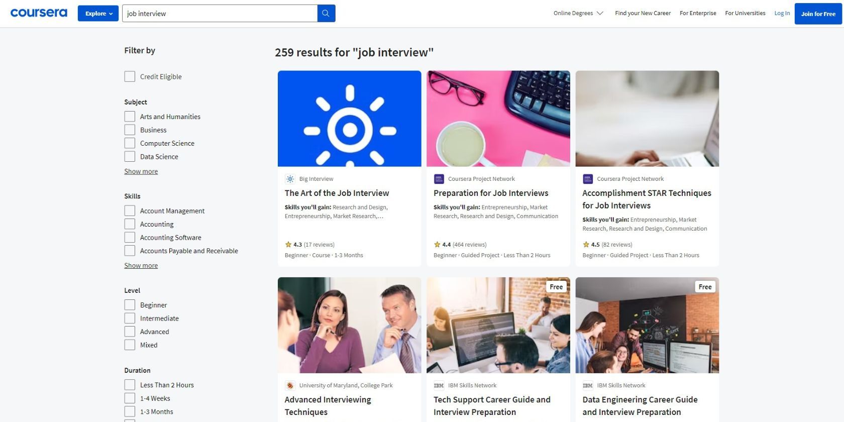 Coursera search for job interviews
