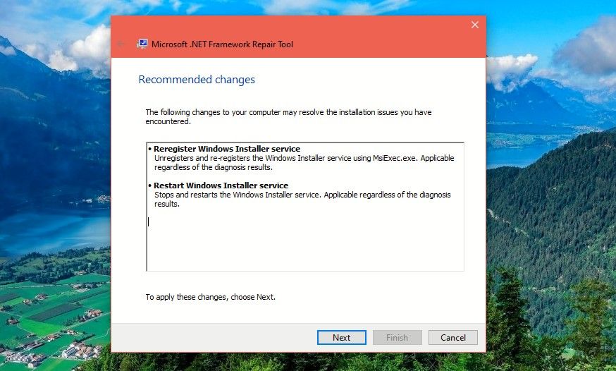 Recommended Changes by .NET Framework Repair Tool