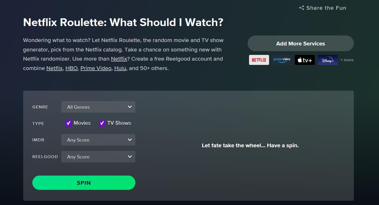 Netflix Roulette page by Reelgood