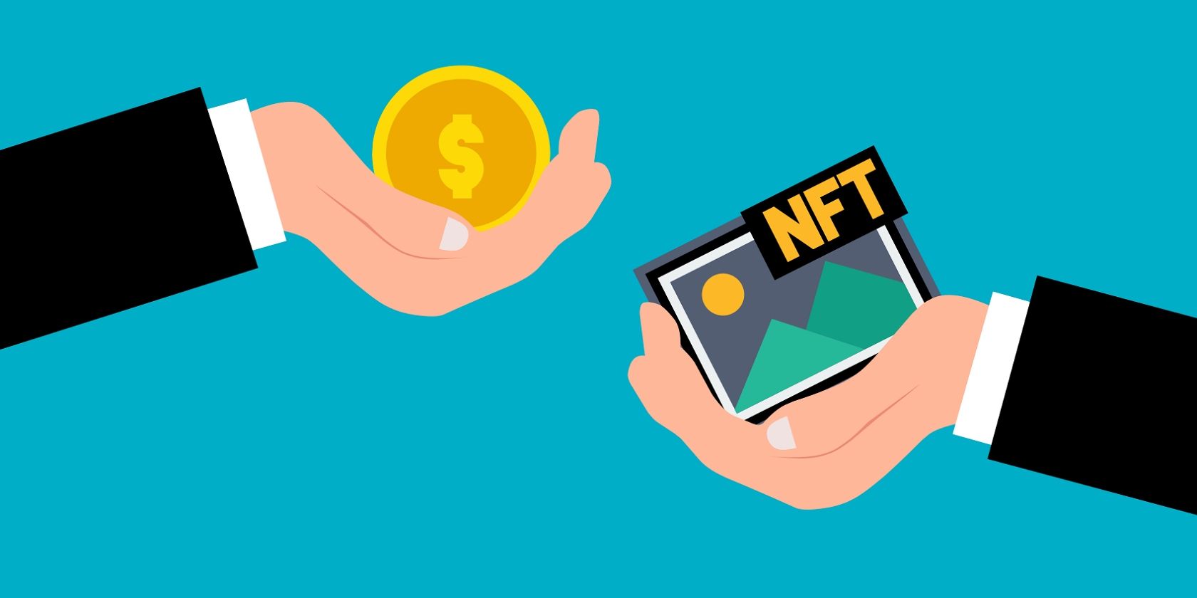 two hands exchanging dollar (coin) and NFT 