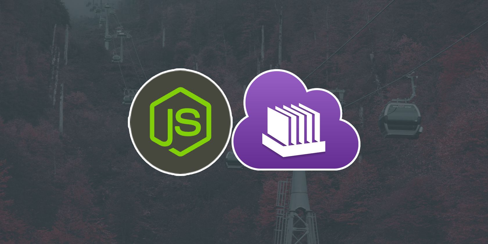 A Node JS icon alongside an icon showing a tray of vertical cards to represent a queue.