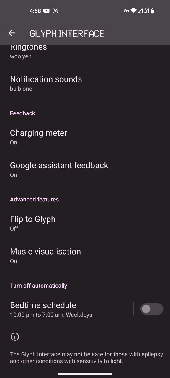 Glyph settings in Nothing Phone