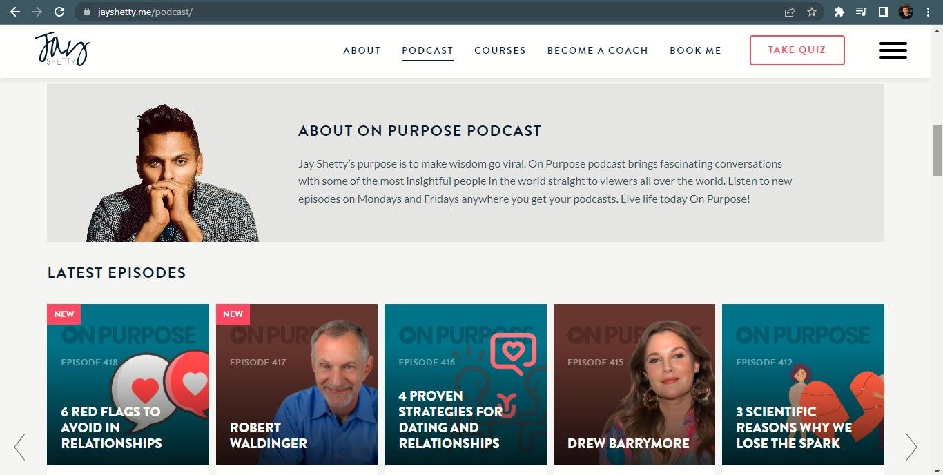 Jay Shetty Website with On Purpose Podcast Page