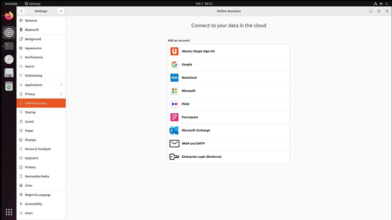Online accounts setup page in Ubuntu 22.04 with various sign-on options