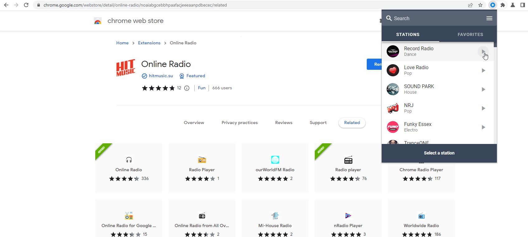 A Screenshot of the Online Radio Chrome Extension in Use