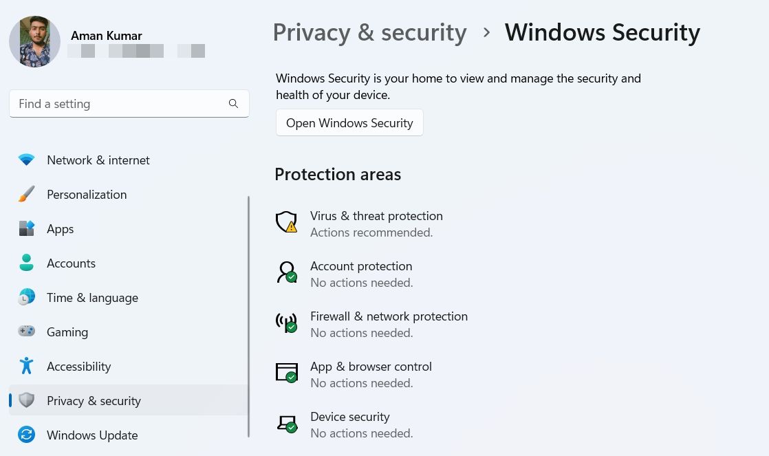 Open Windows Security option in Settings