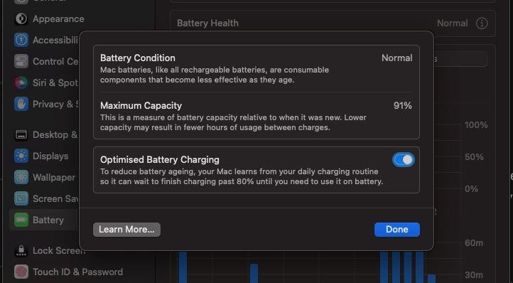 Optimized Battery Charging feature enabled on macOS