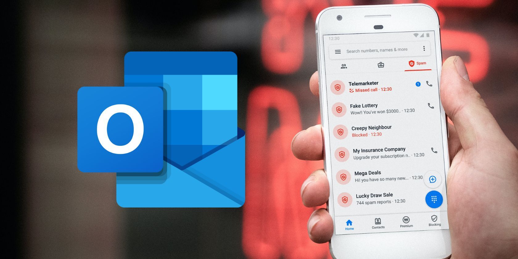 microsoft outlook logo next to spam mail on smartphone 