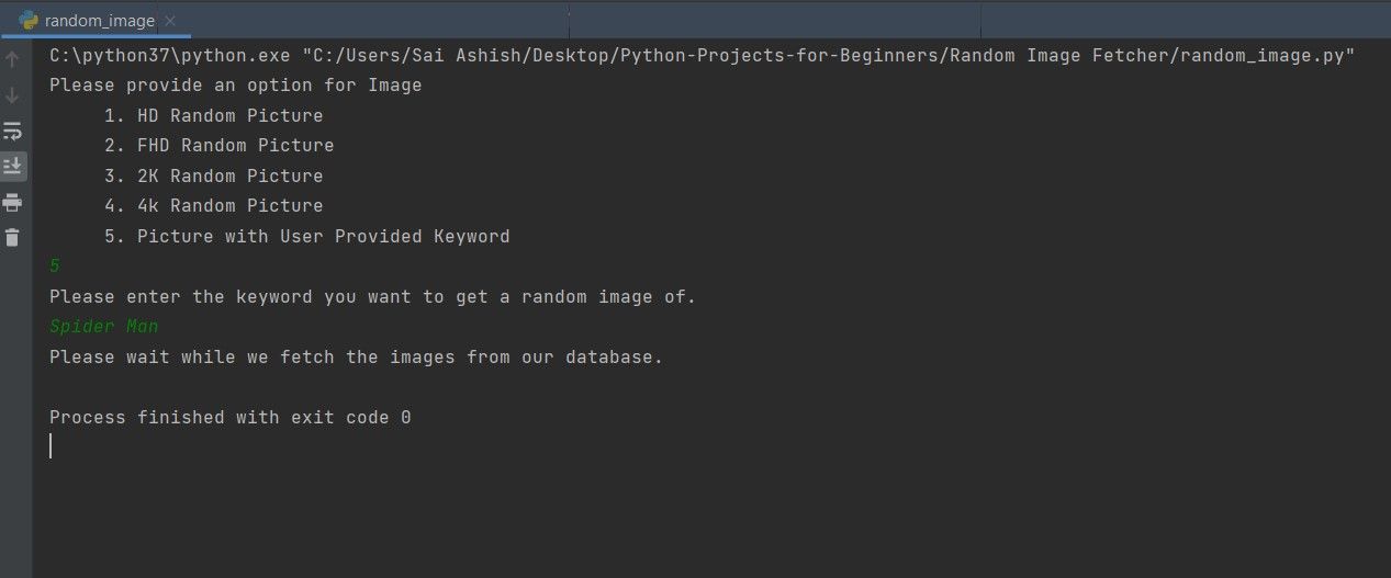 Sortie du programme Random Image Fetcher utilisant Python avec l'entrée Spiderman.