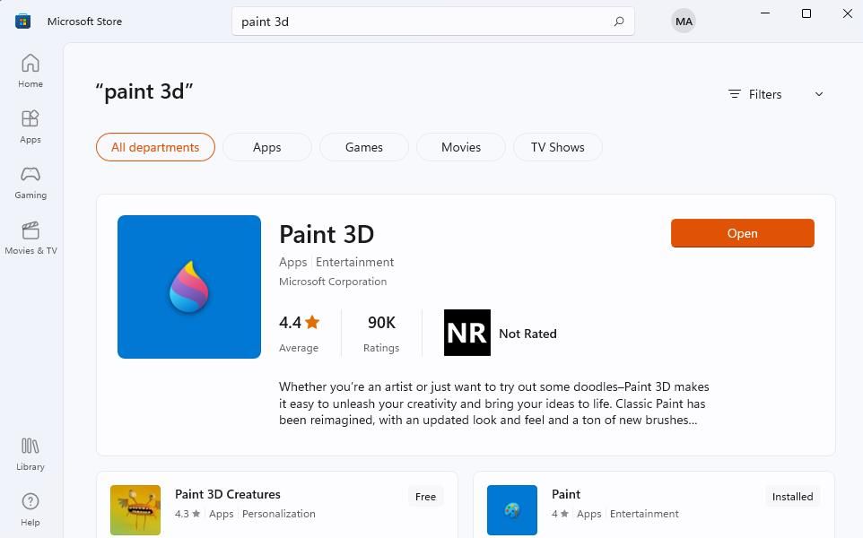 Paint 3D in the Microsoft Store