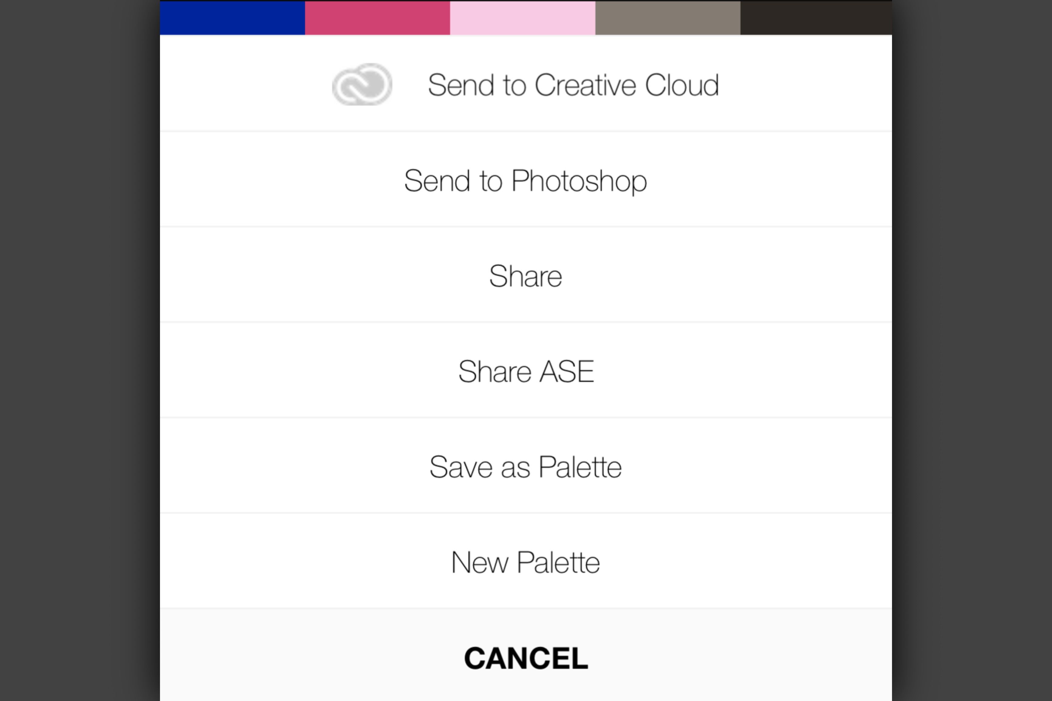 Share options for created color palette using Pantone Studio