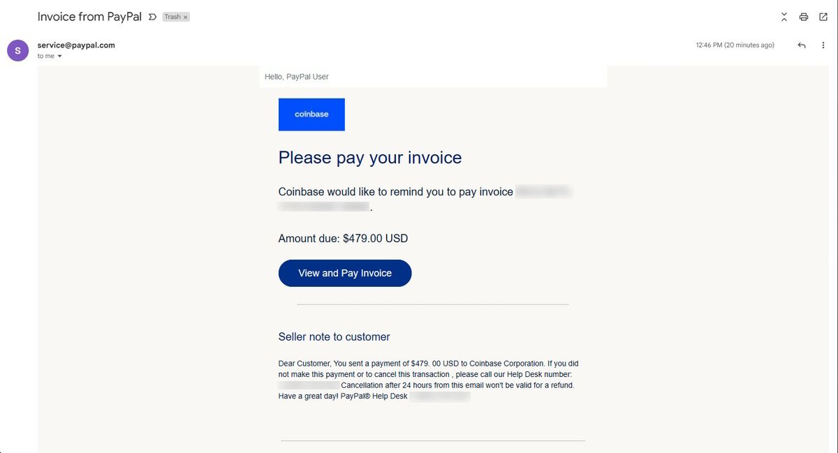 Một ví dụ về lừa đảo PayPal/Coinbase
