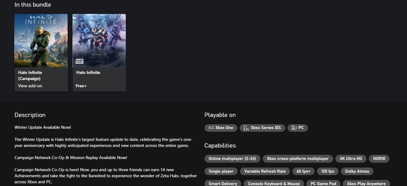 Una captura de pantalla de la lista de Xbox Store para Halo Infinite destacando las plataformas que pueden jugar el juego