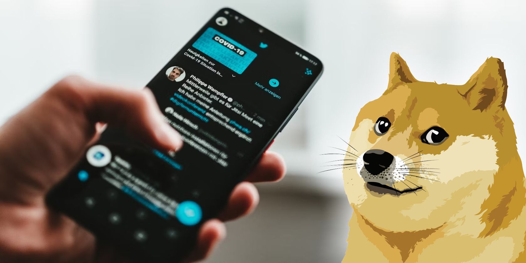 person using twitter with doge dog in the corner