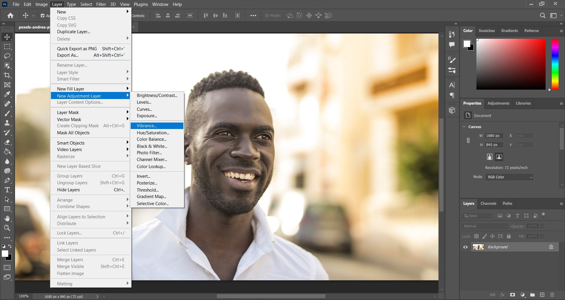 Creating a vibrance adjustment layer in Photoshop