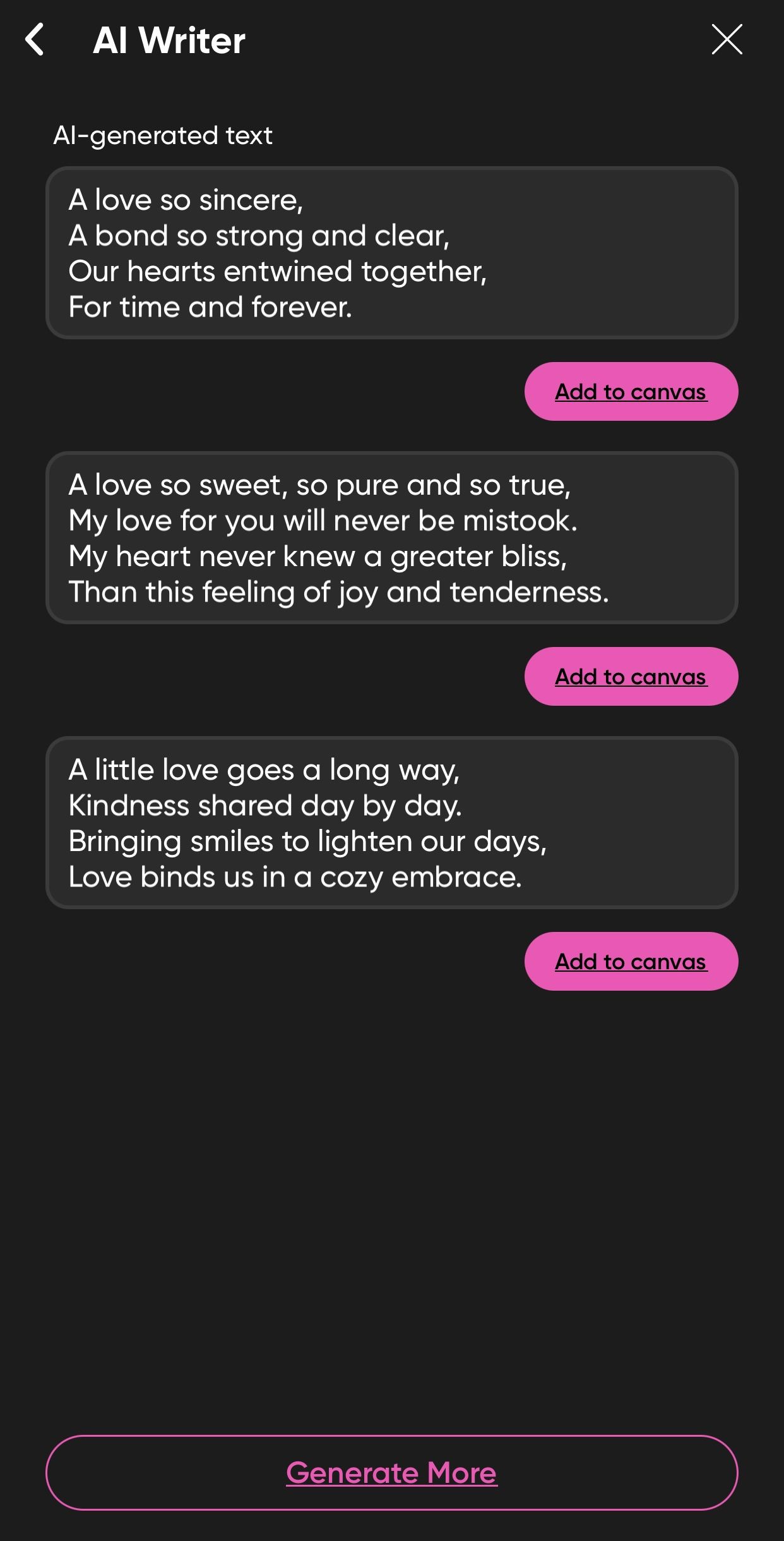 Tiga AI menghasilkan teks tentang cinta menggunakan Picsart AI Writer