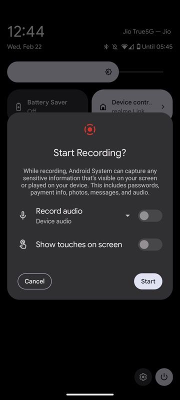 screen recording options on Pixel