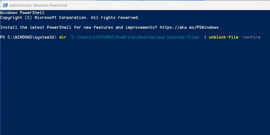 entering the unblock file command in PowerShell on Windows 11