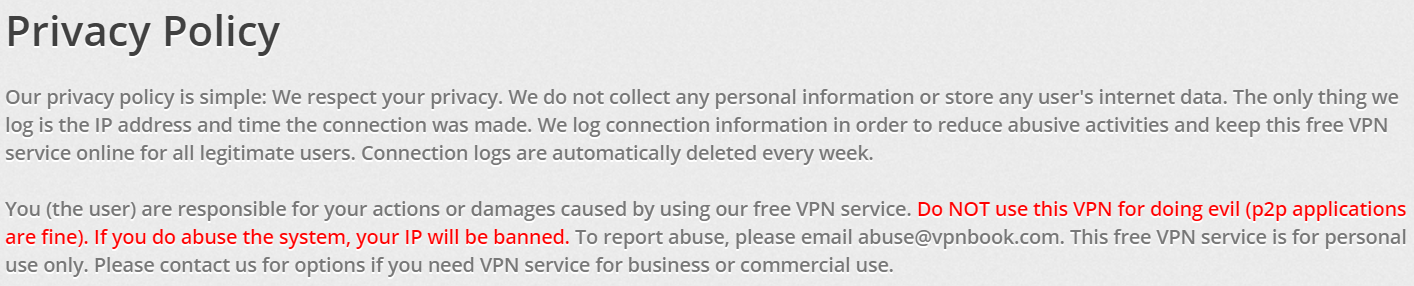 تصویر صفحه سیاست حفظ حریم خصوصی VPNBook